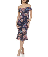 New Guess Off The Shoulder Midi W/Flounced Hem Floral Dress Size 6 Cottagecore