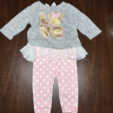 Disney Baby Minnie Mouse Outfit Girls 3  6M LOVE Top Polka Dot Pants Set EUC