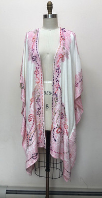Raj Womens Pink White Paisley Embroidery Kimono Wrap Open Front Beach Cover Up