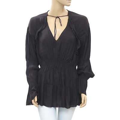 IRO Iryna Ruffled Voile Black Smocked Tunic Shirt Top Long Sleeve S NEW 206517