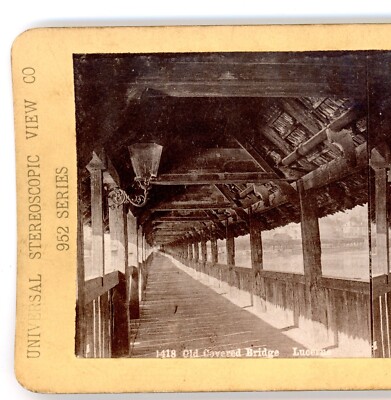 Antike Stereoview Karte alte gedeckte Brücke Luzern Schweiz Foto #36 Foto