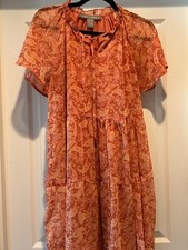 LARK + GREY  Tiered Boho Dress Ruffles Orange Paisley Print Lined Size M Whimsy
