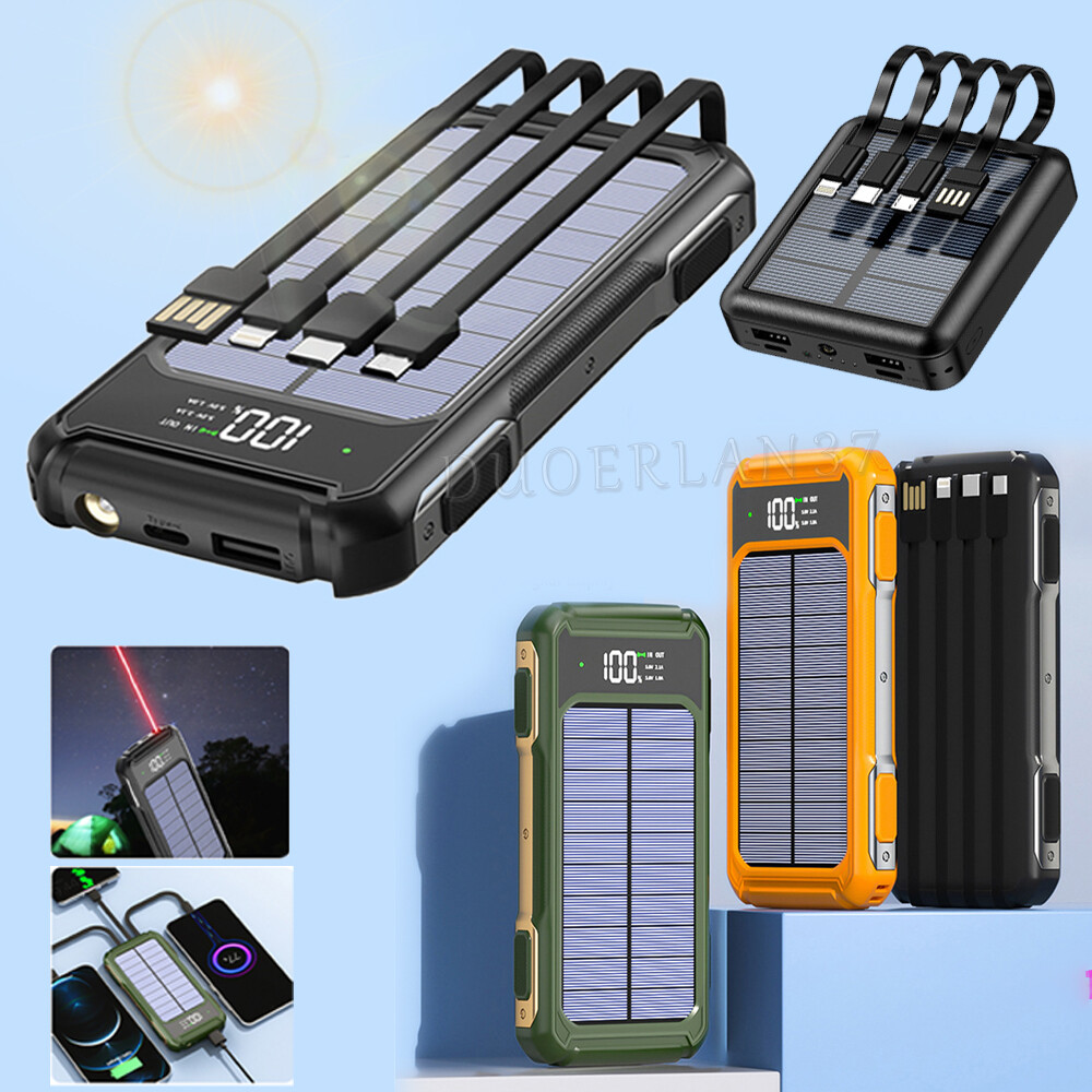 Mini Portable 4000000mAh Solar Power Bank – 4 USB, LED Light, Built-in Cables, Universal Phone Charger