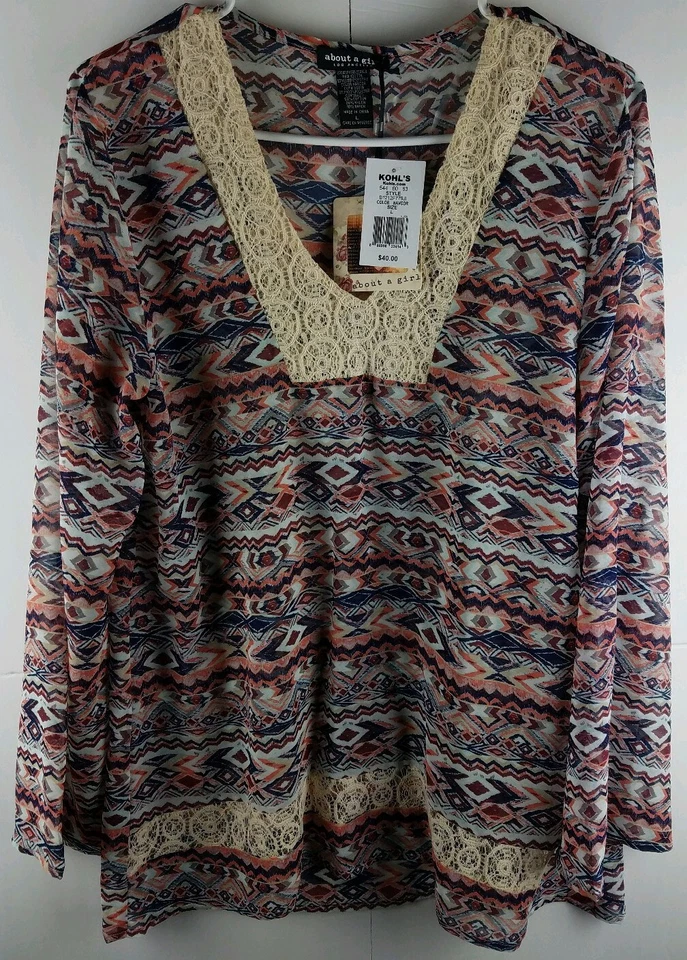 About A Girl Los Angeles Size L Sheer V Neck Southwestern Blouse Top Lace Beige