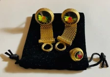 Multi-Faceted Dant`e Crystal Tie Pin and Cufflinks in Gold Tone Finish