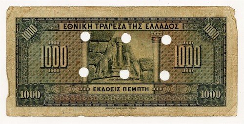 GREECE 1928 1000 Drachmai - P# 100 - CANCELLED #4 - Picture 2 of 2