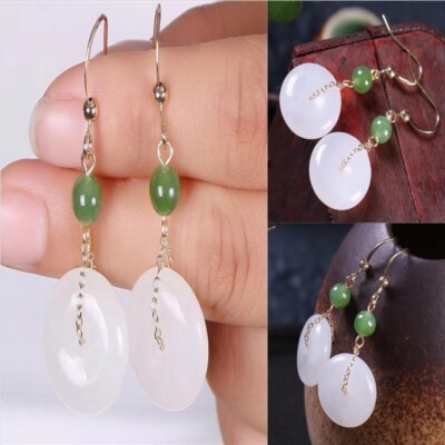 National style Hetian white jade safety golden earrings Drop Ear Cuff Stud