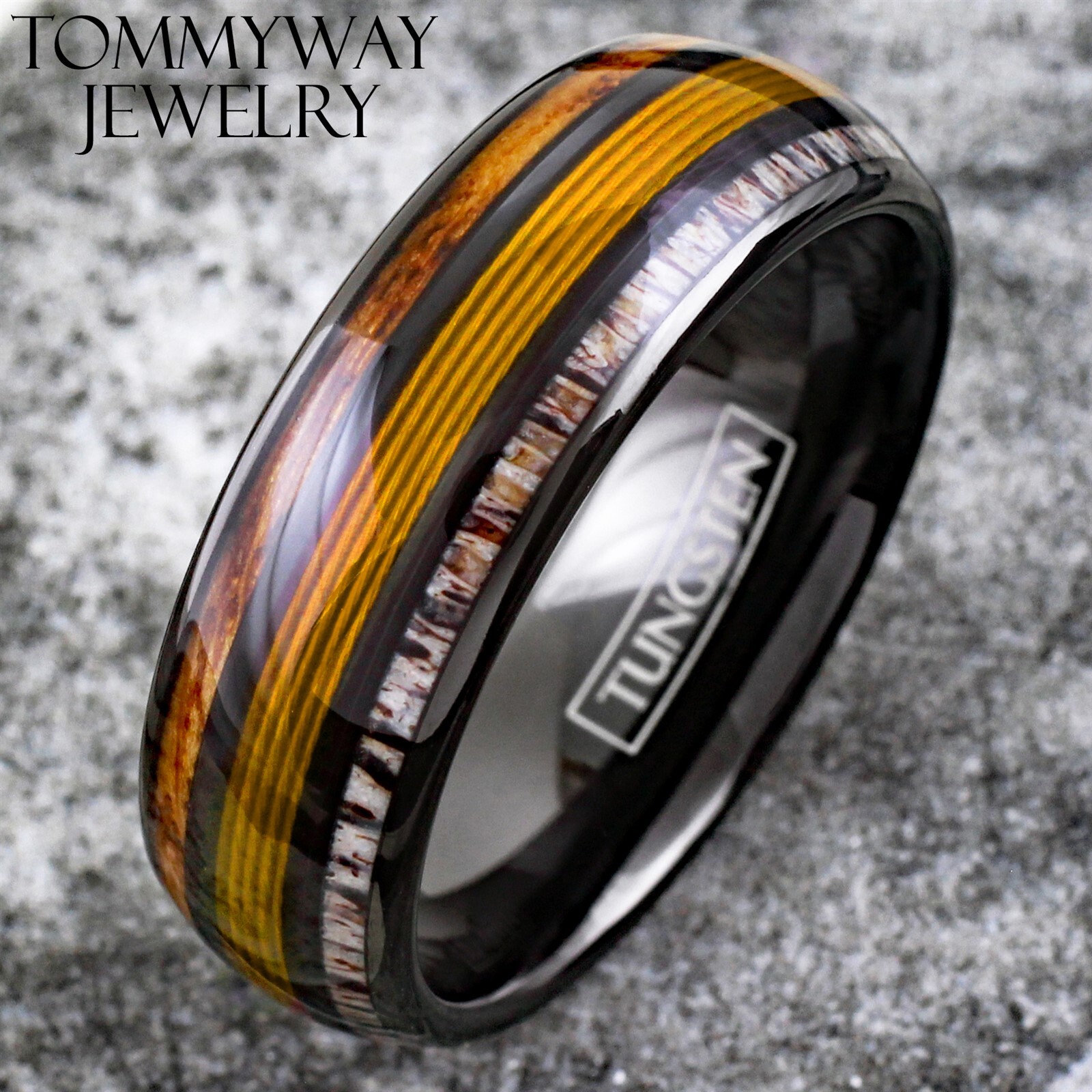Black Tungsten Men's Ring Gold Fishing Line-Whiskey Barrel & Deer Antler Band