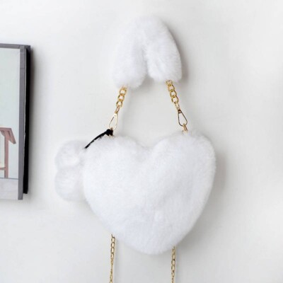 Hug Me Tight: Cozy Faux Fur Heart Shaped Fluffy Bag with Gold Chain - White 