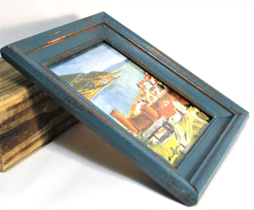 Cornice portafoto vintage in legno dipinta blu acqua con stampa costiera - Foto 5 di 6