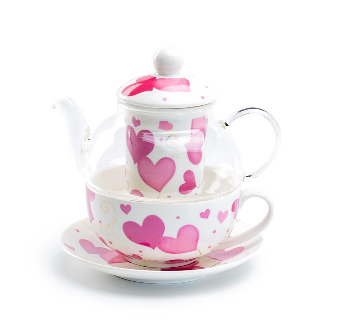 Grace Teaware Pink Hearts Glass and Fine Porcelain Tea For One Set with Strainer