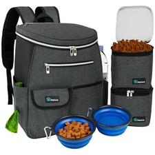 Dog Travel Bag Supply Backpack Traveling Organizer Set Pet Food Container Bowl