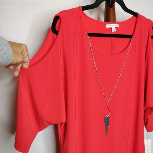NWT Notations women's 2X blouse red scoop neck detachable necklace cold shoulder - Picture 5 of 7