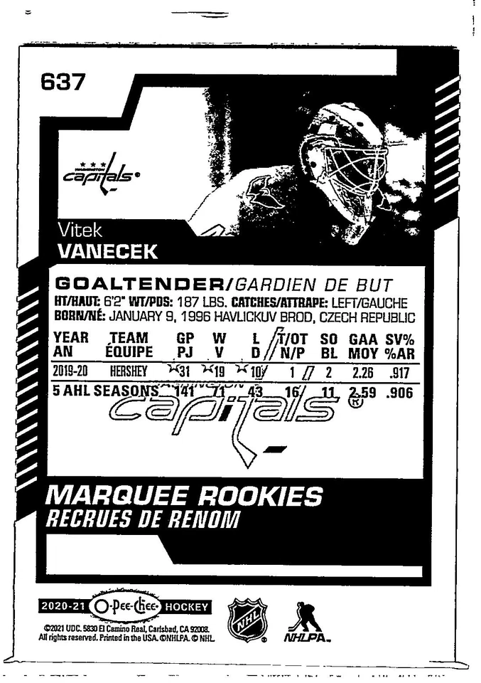 2020 Upper Deck O-Pee-Chee Update Marquee Rookies Vitek Vanecek #637 Rookie RC - Image 2 of 2