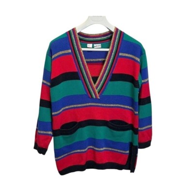 MEXX Vintage Striped Sweater V-Neck Gold Accents Pockets Colorful Size M