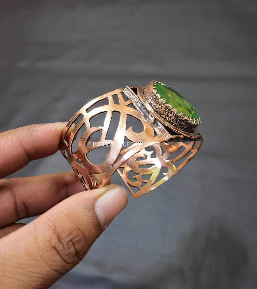 Precioso Brazalete Brazalete Redondo Peridoto Cobre Diseñador Ajustable Regalo Brazalete Foto 2 de 4