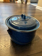 Vintage Blue Speckled Enamelware Graniteware Stock Cooking Pot w/ Lid Priority