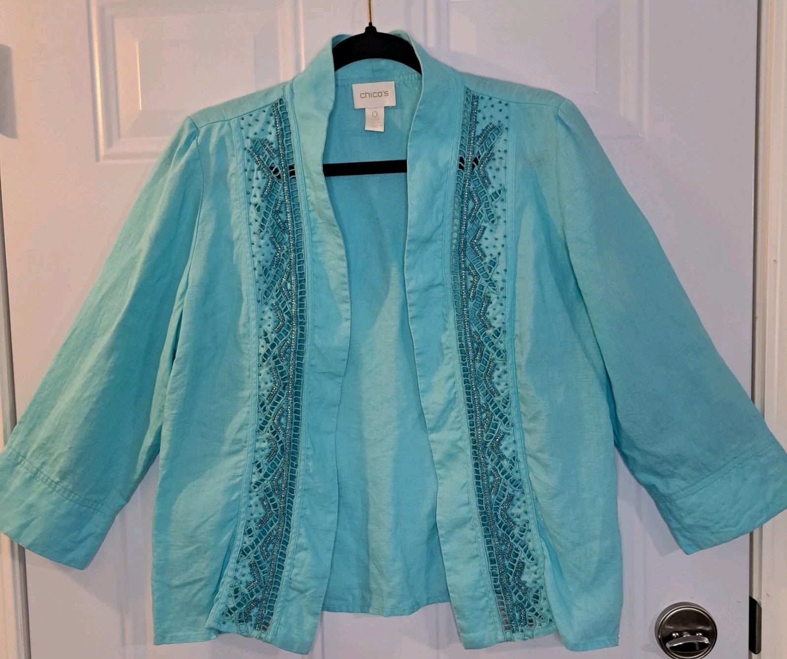 Chicos 0 Linen Open Front Blazer Womens Small Size 4 Blue Beaded