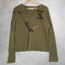Gwen Stefani LAMB Shirt Womens Medium Olive Green Thermal Waffle Knit Graphic