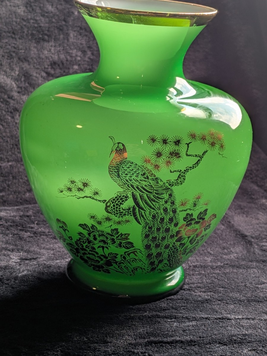 Very Rare Antique Peacock Vase W/Gilt Decor Japanese Jade Green