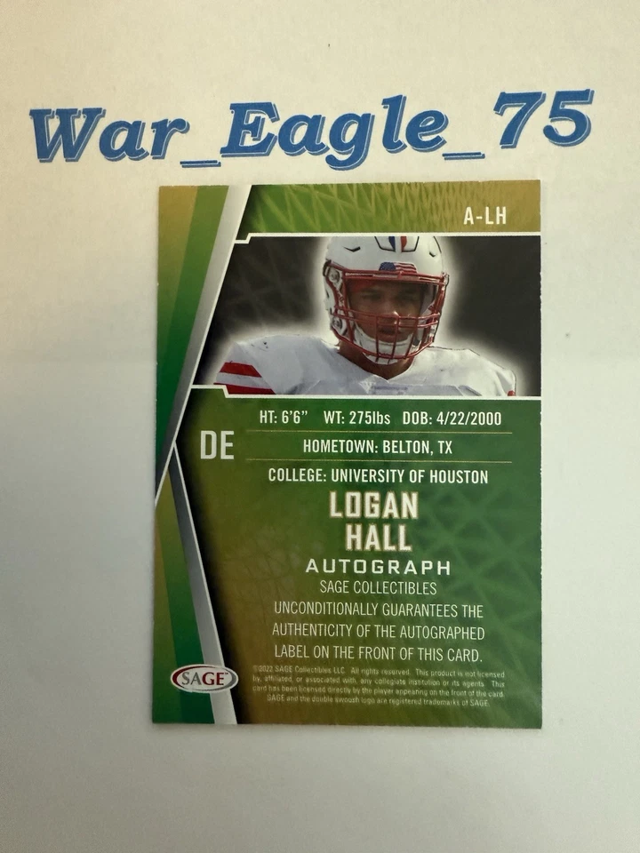 2022 SAGE Logan Hall #A-LH Auto RC Houston Cougars - Image 2 of 2