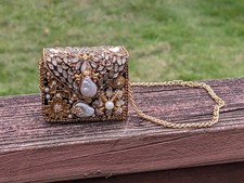 Turkish Gold Beaded Clutch Bag With Chain