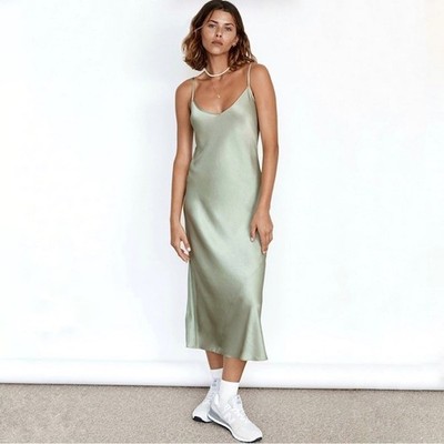 Aritzia Wilfred Only Slip Bias Cut Satin Maxi Dress Silver Sage Green 1X 90sChic