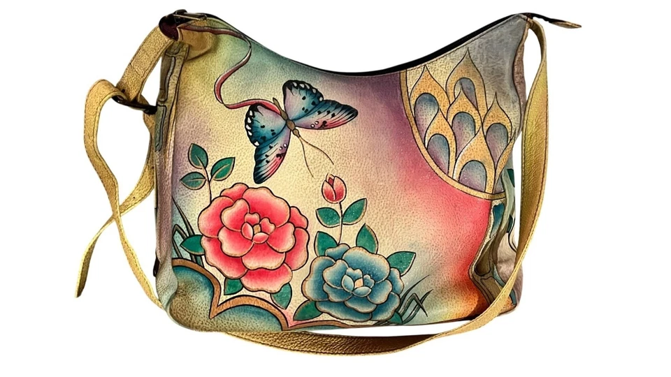 Bolso Bandolera Anuschka Cuero Pintado a Mano Rosas Mariposa Pavo Real Tostado Foto 3 de 4