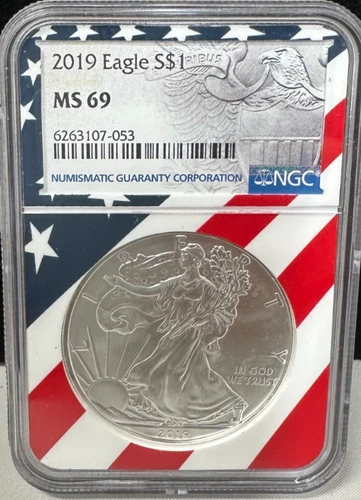2019 $1 AMERICAN SILVER EAGLE NGC MS69 USA FLAG CORE HOLDER