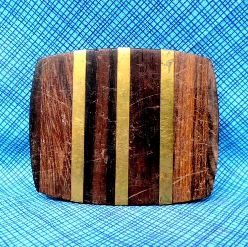 Exotic Wood Brass Inlay Dress Belt Buckle Iconic 70s Vintage .DBD472
