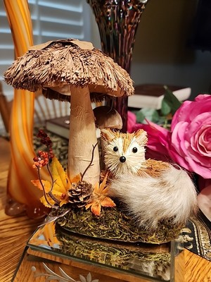 Mid Century Modern Kitshy Straw Mushroom And Fox Decor