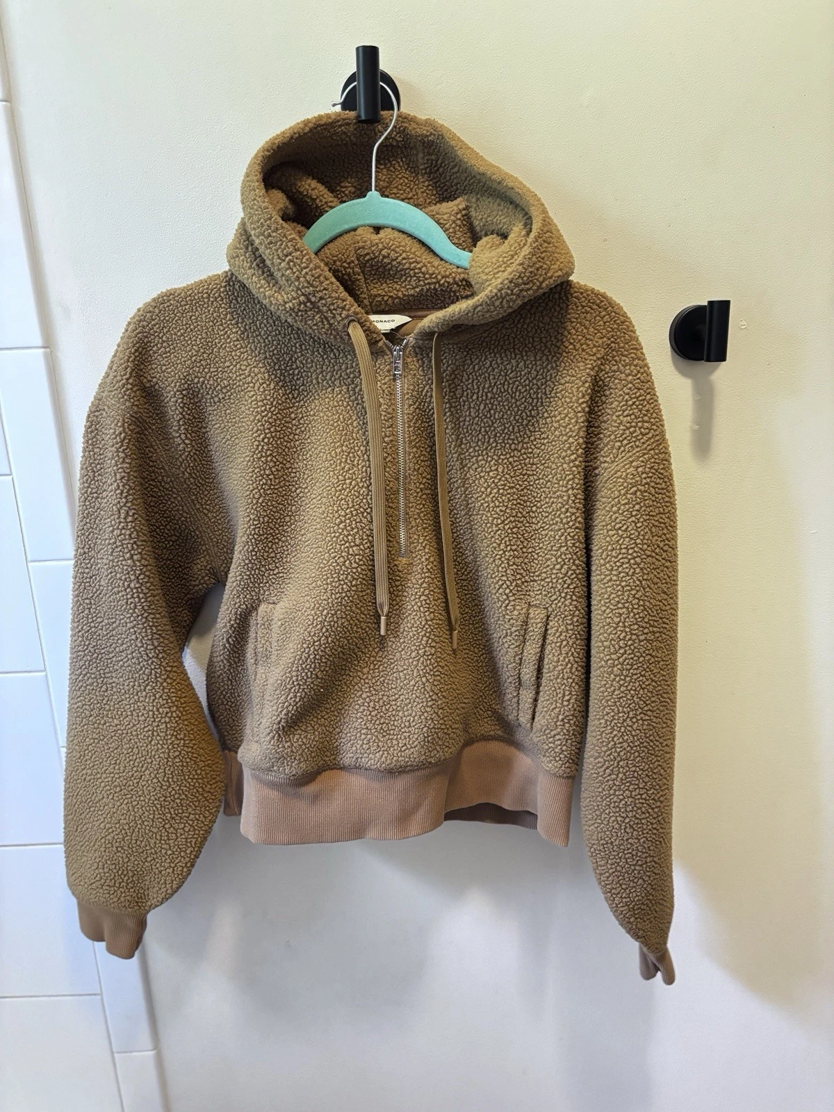 Club Monaco S Womens Sherpa Teddy Fleece Brown Tan Hoodie Sweatshirt