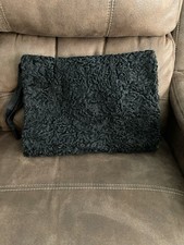 Vintage Real Lamb Fur Hand Muff Black Curly Karakul Satin Lined w/ Zipper Pocket