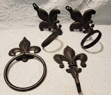 Cast Iron Fleur De Lis Towel Rings/ Hooks Set Of 4 Bathroom Decor Saints Decor