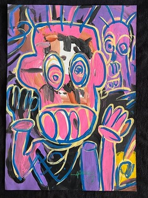 ABOUDIA drawing and painting on old paper signed stamped vintage