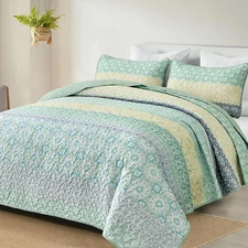 Boho Quilt Set King, Sage Green Bohemian Striped Patchwork Bedspread Coverlet Se