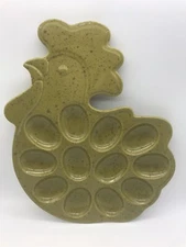 Paula Deen Avocado Green Speckled Chicken Shape Deviled Egg Plate 13 1/2" x 10"