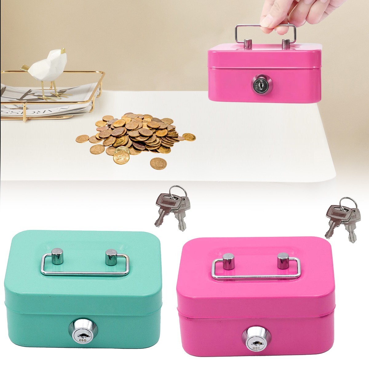 Small Steel Money Box Portable Lockable Safe with Key for Petty Cash Valuables