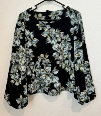 Free Press Women's Floral Blue & Black Long Sleeve Round Neck Blouse Boho Medium