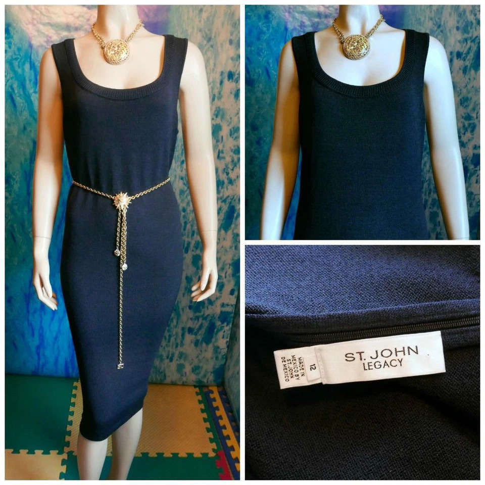 Vestido negro tejido ST. JOHN Legacy Santana L 12 10 funda sin mangas ribete LBD