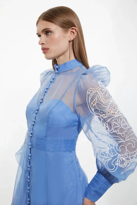 Elegant new Karen Millen floral embroidered blue button up maxi dress, 8P,  229 | eBay UK