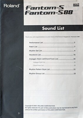 Roland Fantom-S -S88 Synthesizer Keyboard Original Sound List Book, Manual # 2
