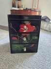 Vintage Black Lacquer Mirror Jewelry Box 3 Drawers Floral Bird Design Asian Box — photo 3