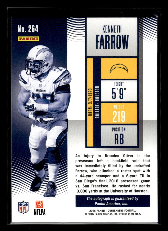2016 Panini Contenders #264 Kenneth Farrow Rookie Auto Chargers Mint+ ...
