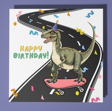 Dinosaurier T-Rex auf Schlittschuh - Geburtstagskarte & Umschlag personalisierte Karte Freund