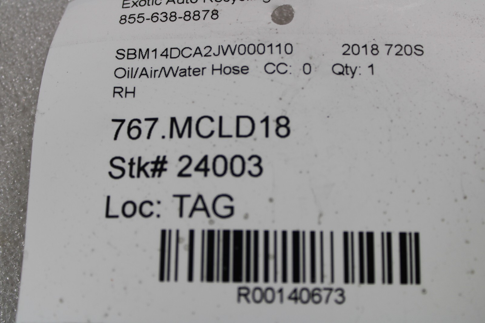 McLaren 720S, RH, Right, Rear Intercooler Hose, Used