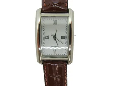 Men’s Rectangular Quartz Wrist Watch – Silver Plated Case With Brown Strap