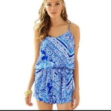 Lilly Pulitzer Size M Belted Dusk Romper Blue Crush Open Water Floral 12671