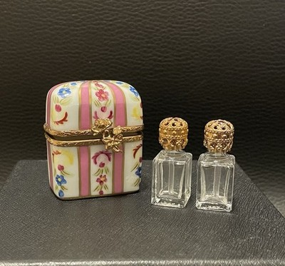 Limoges Peint Main Porcelain Trinket Box & Perfume Bottles Floral Hand Painted