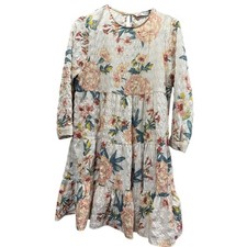 Zara The Sharon Dress Floral Tiered Smocked Mini Dress Cream Pink Small 5216/052